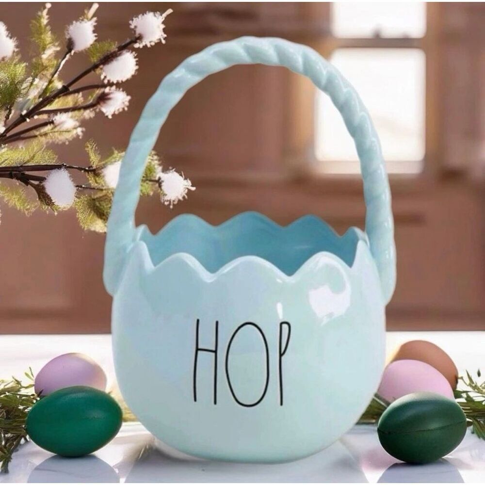 Rae Dunn Artisan Collection Ceramic Easter Basket 'HOP' Light Blue Decorative fa